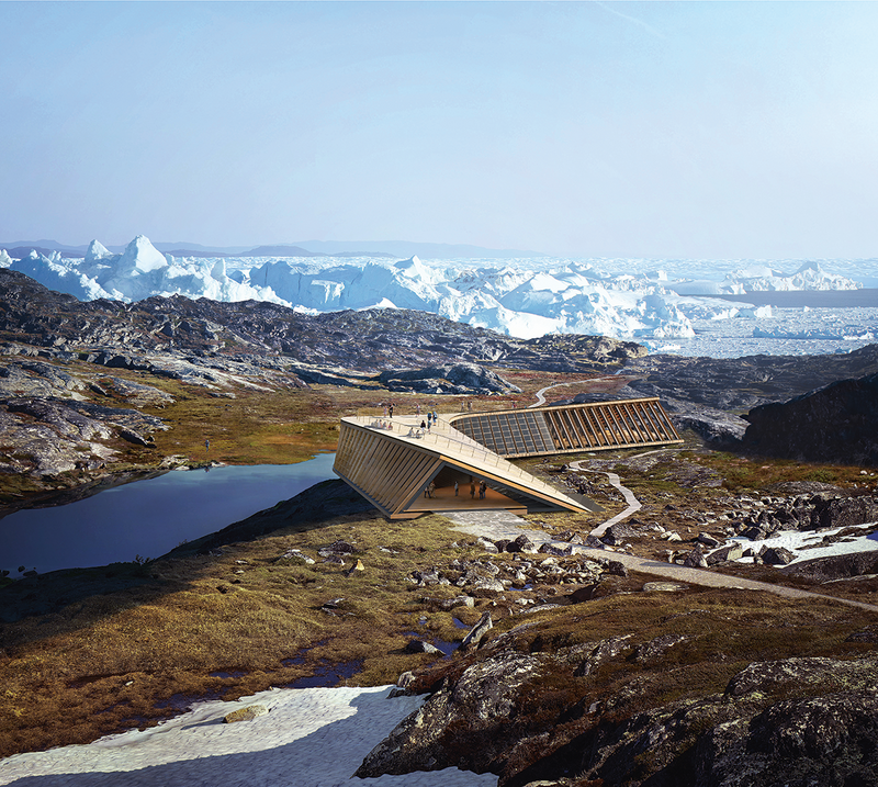 Render of the Icefjord Centre, Ilulissat, Greenland, currently on site 250km north of the Arctic Circle. Its section twists so the roof can also be used as a viewing platform. This and the boomerang plan reduce the snow load by shedding it.