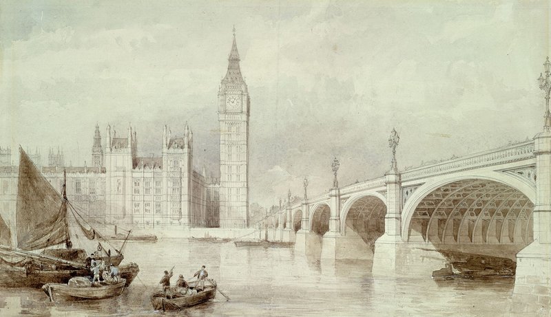 The Houses of Parliament in the early days in 1858, while it was still being built, before the repair bill ramped up.