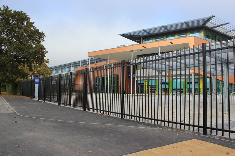 Barbican Imperial fencing from Jacksons at the entrance of Northwood School, London.