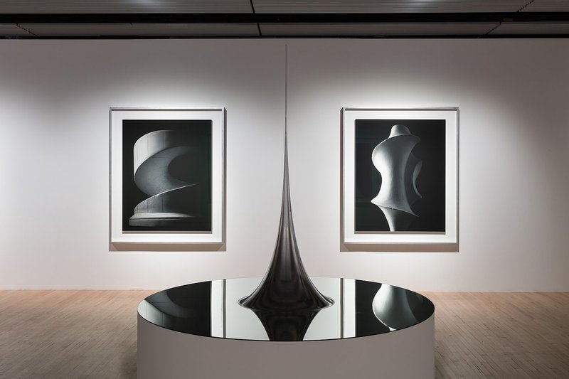 Installation view of Hiroshi Sugimoto, Conceptual Forms and Mathematical Model 006. Gelatin silver prints, aluminium and steel.
