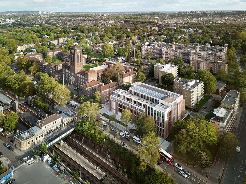 Aerial view of the new territorial headquarters (right), with the Sir Giles Gilbert Scott buildings to the left.