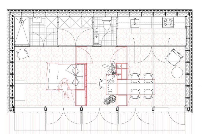 Two mobile partition walls (marked in red) divide the pavilion’s main space.