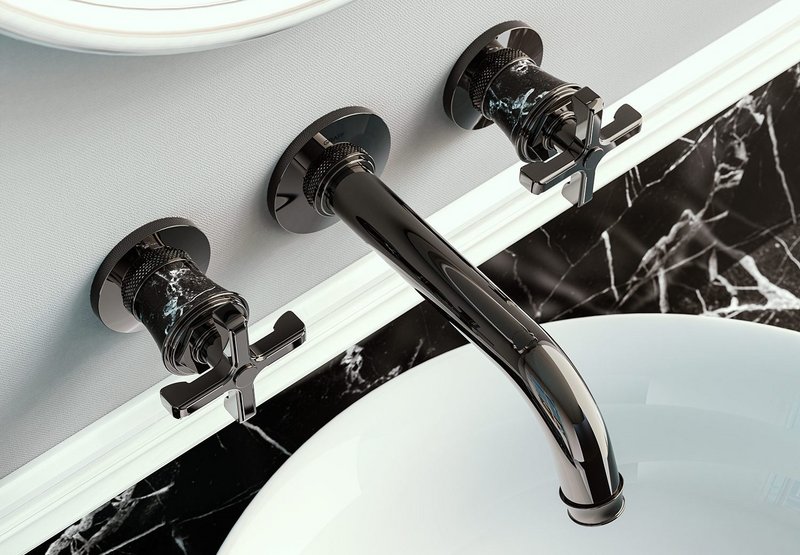 With its Vignola collection Graff Designs 'celebrates the history and... architectural influence of the city of Bologna'. Vignola wall-mounted basin mixer in Onyx PVD finish with Storm Black marble inserts.