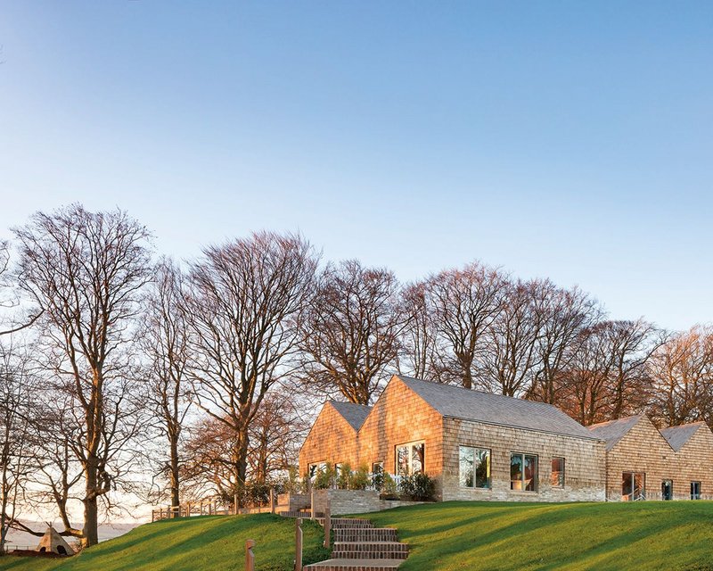 The nursery buildings, cedar-clad against the historic line of beeches. The buildings now partially enclose a green play space, where it was once open.