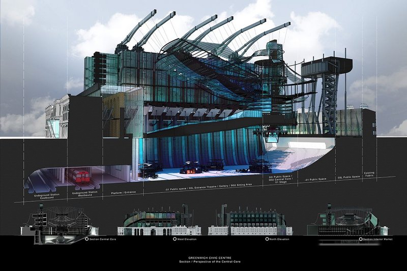 Section/perspective of the civic centre through the central core. The  centre is on the site of the historic Greenwich market