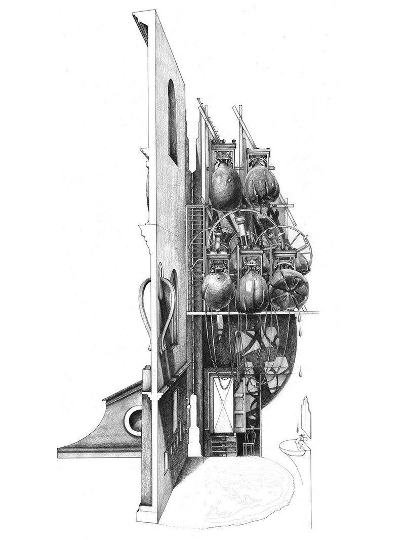 Mr Smith’s Dwelling - ‘The Bell Room’.  840mm x 594mm, hand-drawn.