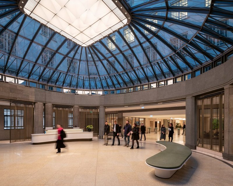 An array of 16 glowing pyramids forms the roof centrepiece of the new Strand-side entrance pavilion.