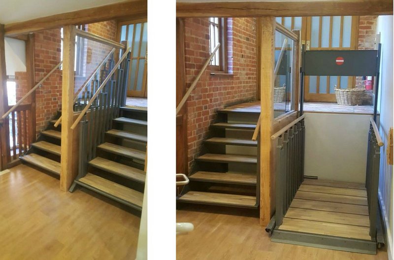 FlexStep at Leeds Castle, Kent gift shop and restaurant. The FlexStep has been installed next to a set of fixed stairs and is shown here in stair (left) and lift (right) modes.