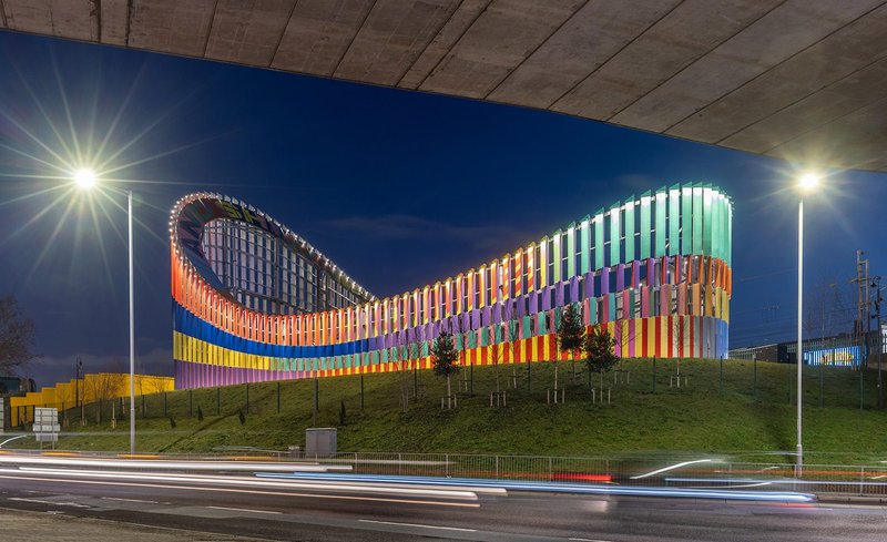 Brent Cross’s new primary substation, designed by IF_DO, has a bright-coloured metal wrap.