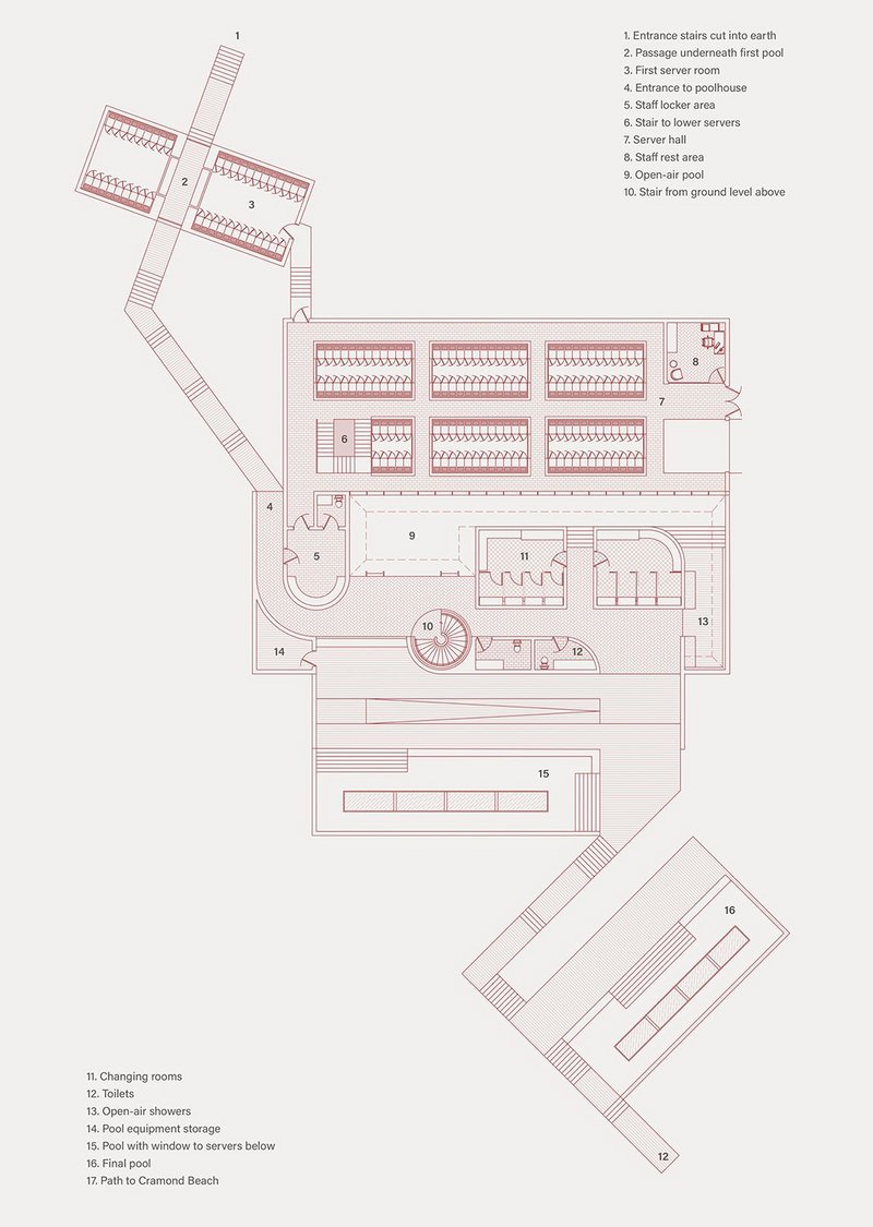 Floor plan showing the data hall and server-heated pools.