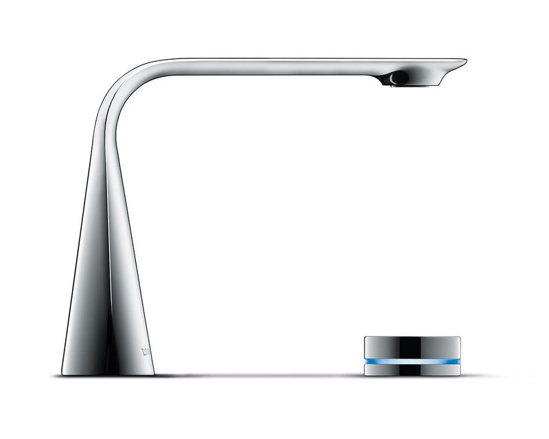 Duravit's D.1e electronic tap has a circular operating button with an integrated LED ring that displays water temperature from blue to red.