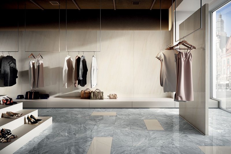 Boutique with Anima Select Bianco Alpino walls and Anima Select Grigio Boreale and Bianco Alpino floor
