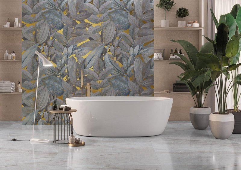 Idyllic Decor Gold by Keraben: a durable, easy-care porcelain wall tile in a bold botanical mural effect that echoes the use of gold leaf in art or precious wallpapers. 40x120cm format.