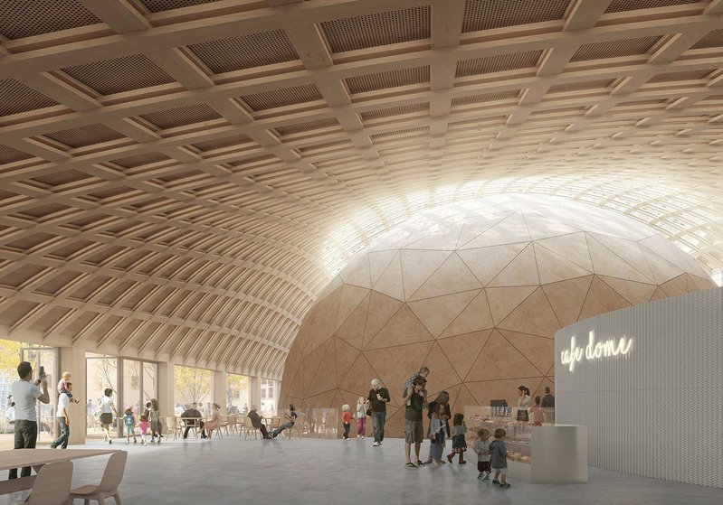 Interior visualisation showing gridshell roof and CLT block Wisdome.