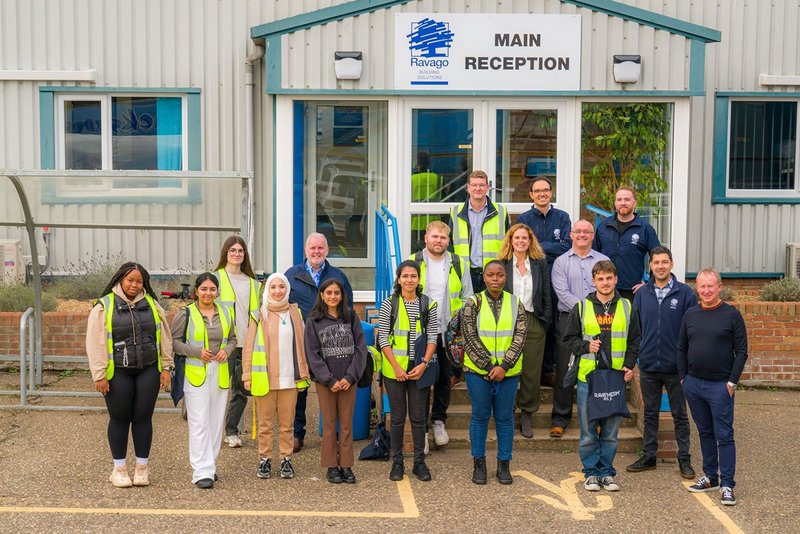 Architecture and Architectural Technology students from Anglia Ruskin University with course director Graham Terry and the Ravago commercial team outside the King’s Lynn plant.