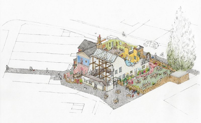 Sketch proposal for the restoration of the Catford Constitutional Club in Lewisham, part of the wider regeneration of the area by architect Turner Works.