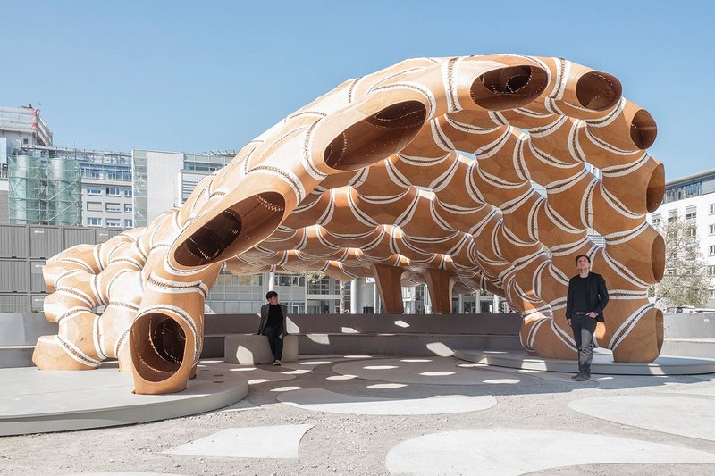 The 2016 Stuttgart pavilion, based on a form of sea urchin, is built of elastically bent, double layered segments of robotically sawn beech plywood.