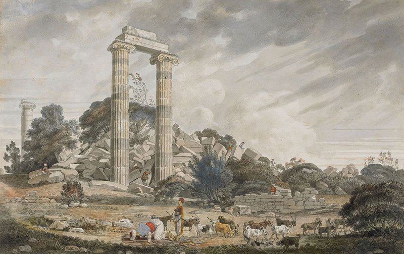 William Pars: Ruins of the temple of Apollo at Didyma, from the north-east. Pen and grey and black ink and watercolour, with gum arabic and some body colour, October 1764 © Trustees of the British Museum