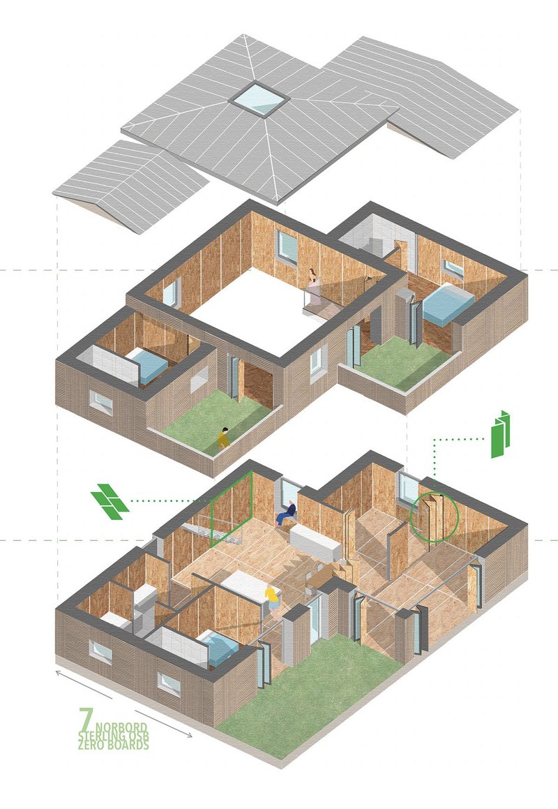 Adhering to Passivhaus standards, heat loss was minimised by optimising the surface area to volume and allowing the building to be modified according to site orientation.