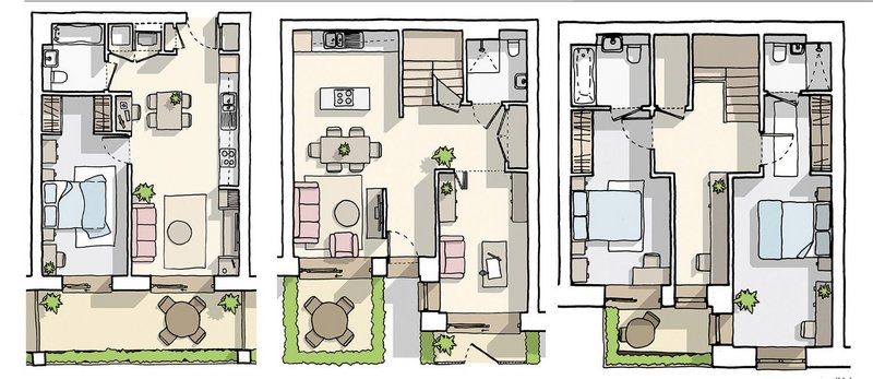 Models of live/working by architect PRP: a live/work duplex for the entrepreneur (left, middle), and a home for young professionals and downsizers (right).