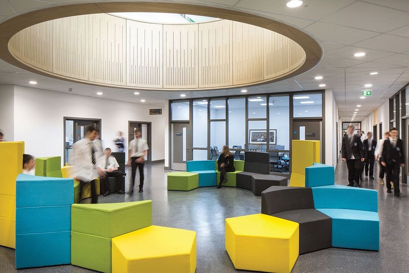 Common breakout areas are well-attenuated to avoid noise contamination at Castle Tower school in Ballymena.