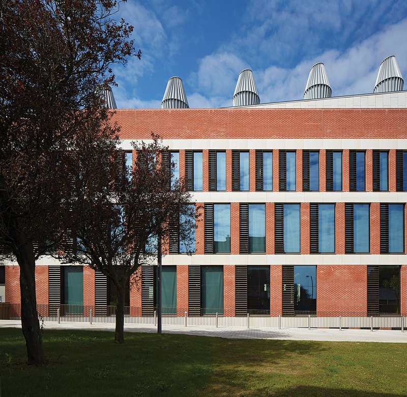 Haigh Terrace elevation, combining Schueco structural glazing and vents within a brick and granite facade composition.