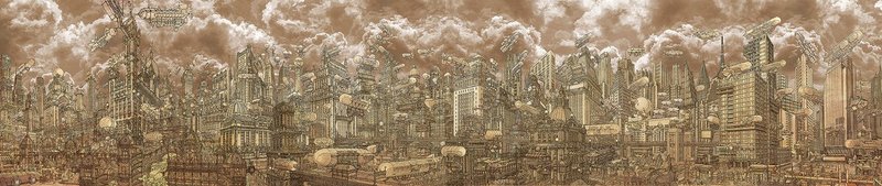 Welcome to Tribuneville: An Imaginary Vision of an Old Chicago That Could Have Been. Blue pencil and graphite pencil (2H, H, HB) on multi-technical basic paper 150 mg, digital colouring, 3122 × 659mm.
