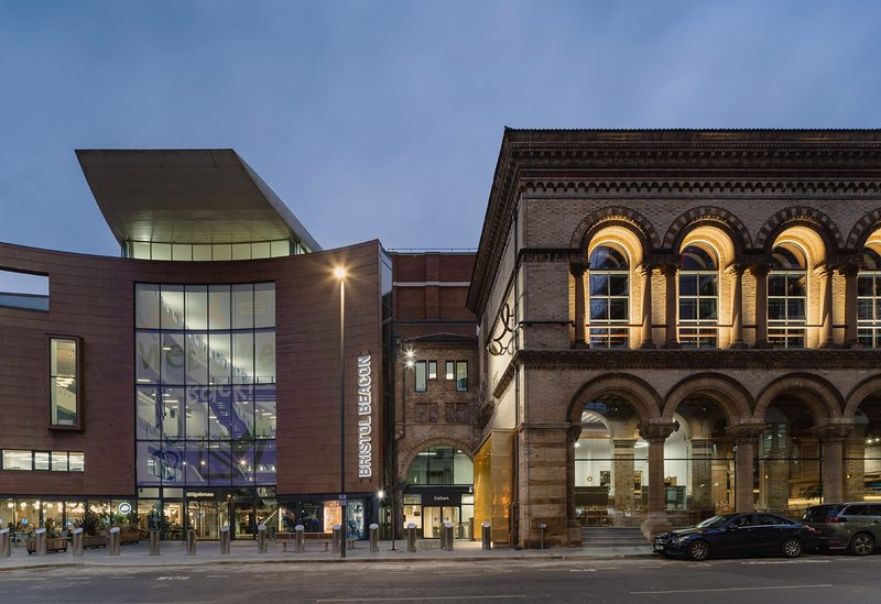The piazza in front of Bristol Beacon now opens up to the main  Bridgehouse entrance (left), the entrances to the restaurant and Lantern Hall above (right) and the studios and cellars between them.