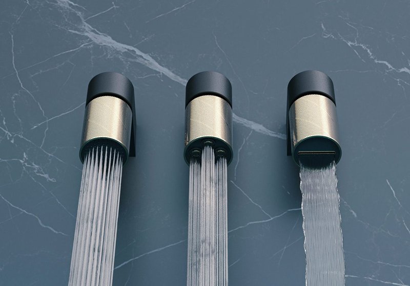 Graff's Riva showerheads offer four hydrotherapy functions, from far left: rain shower, 4-spray, cascade flow, plus 6-spray.