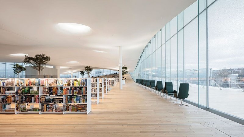 Book Heaven on Oodi’s top floor, looking south under its cloud-like roof.