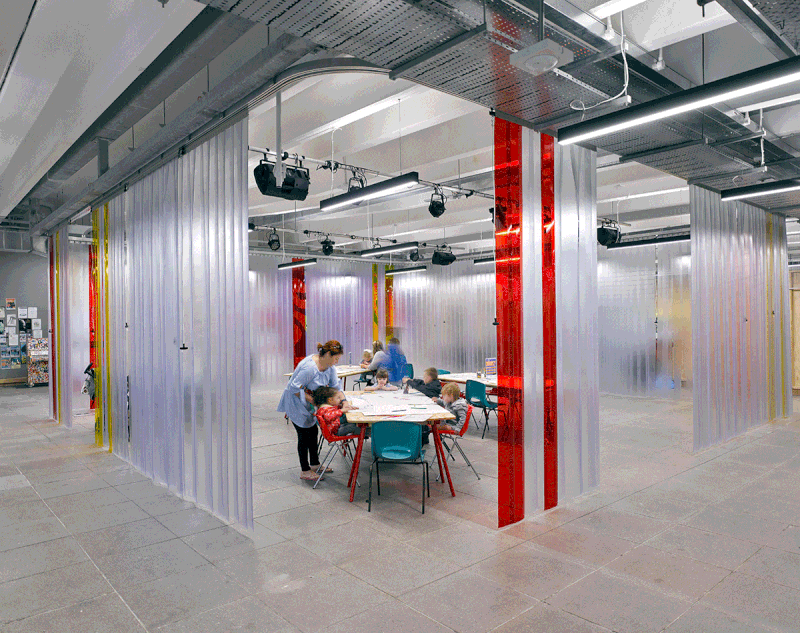 The flexible ‘People’s Square’ can be partitioned with plastic strip curtains for different uses.