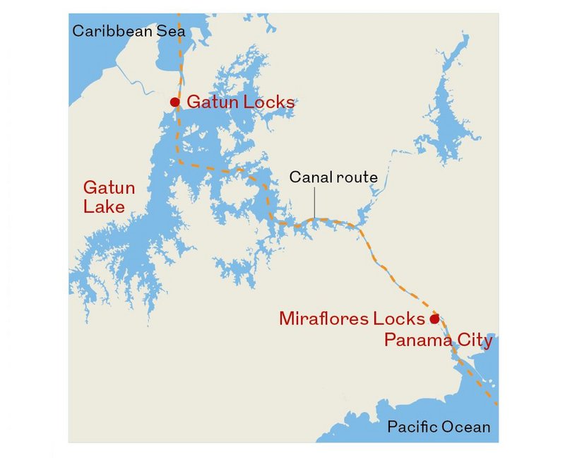 Map showing the route of the Panama Canal.