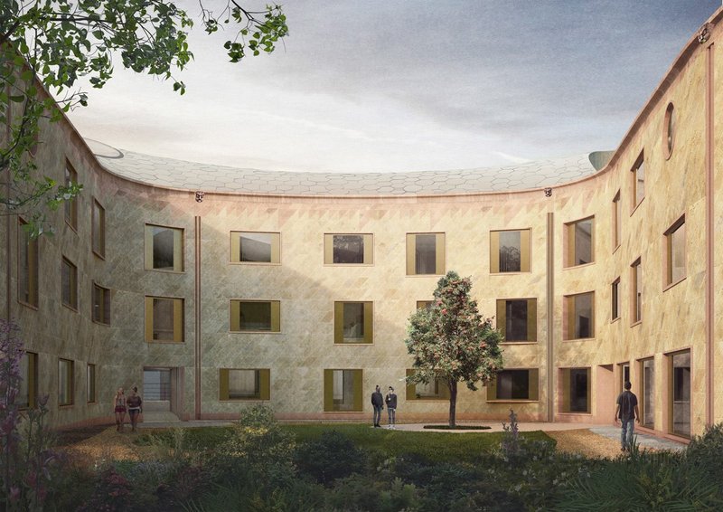 Visual showing a view into the West Quad at Gradel Quadrangles, New College, Oxford, designed by David Kohn Architects.