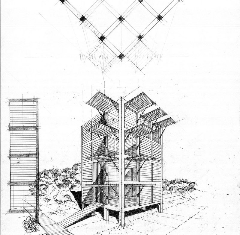 Additive construction of beach hut determined by 1200mm hardwood lengths and properties