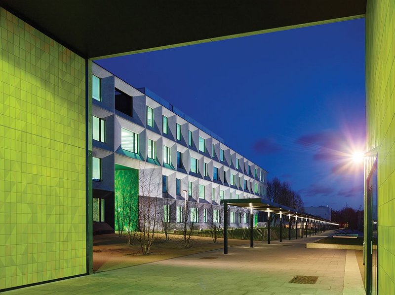 View through the entranceway down the main school strip.