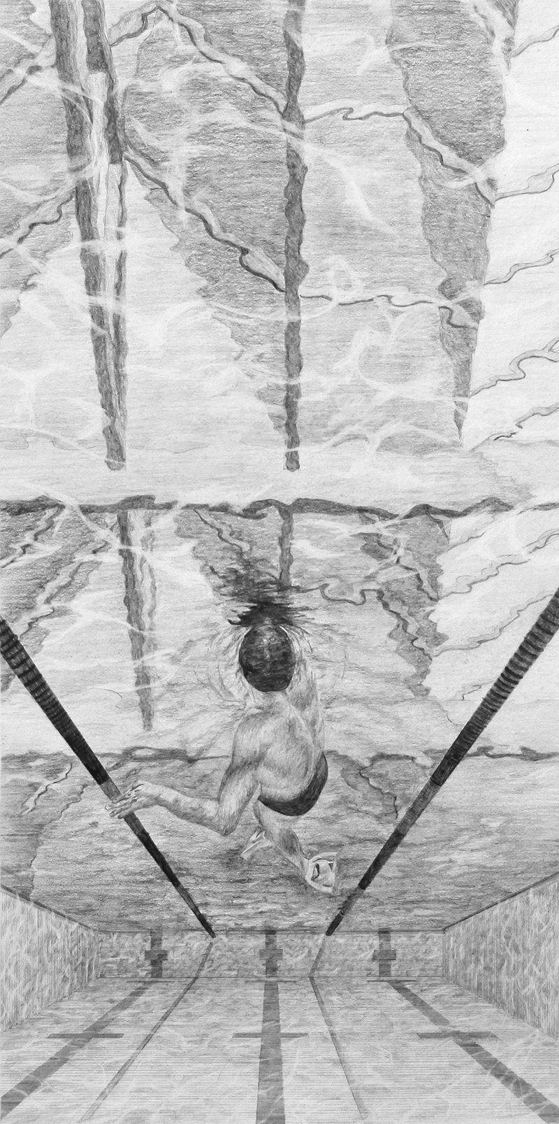 Under the Fifth Facade:  A Swimmer’s Perspective. Hand drawn pencil study,  200mm × 400mm presented on A2.