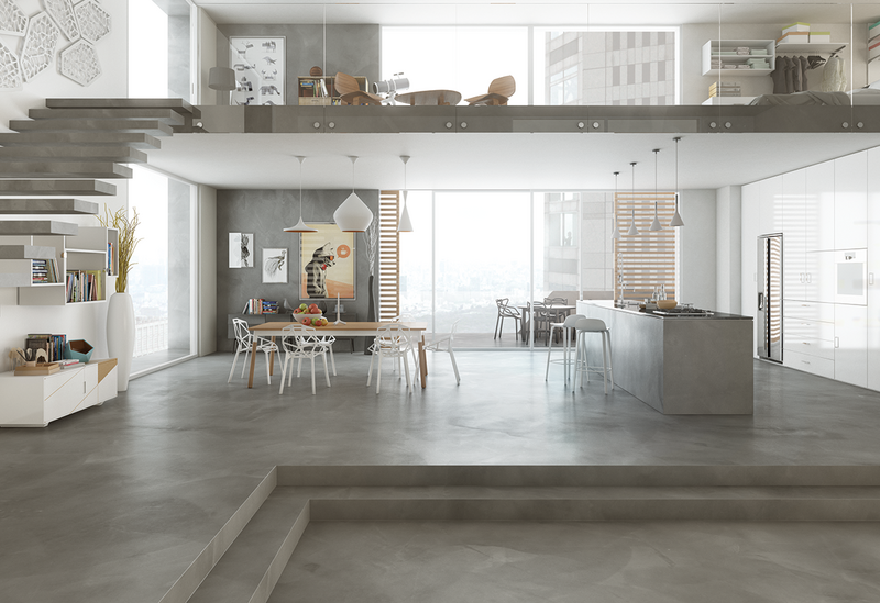 Mapei Utratop Loft cement-based flooring and wall covering in a residential setting.