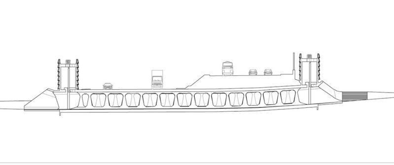 Section through Shinbanpo Underpass showing how it cuts under the 88 Olympic Highway and the sculptural concrete forms divide traffic and foot passengers