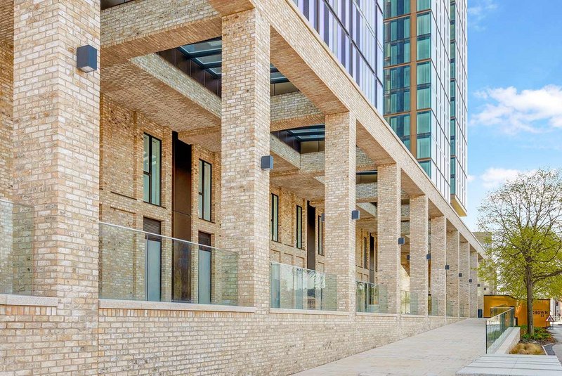 Boss A1 brick slip soffit system at Elizabeth Tower in Crown Street, Manchester. The prefabricated components are delivered to site complete with slips adhesively bonded and mechanically secured to the carrier unit.