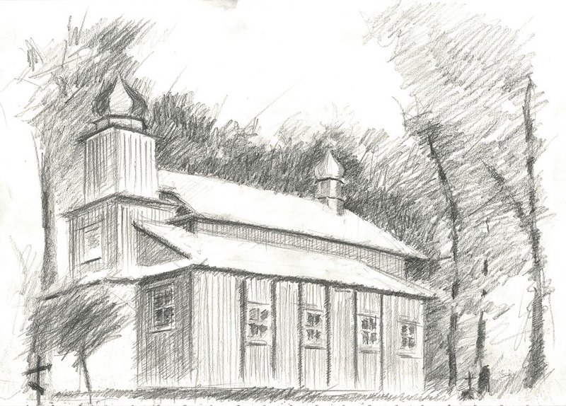 The Church of Protection of Our Lady, in Hanchary, Belarus, built in 1774. Sketch from life, 2012.