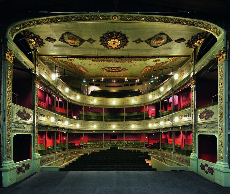 The restored Old Vic auditorium showing the unique stage boxes, formerly part of the auditorium, now restored to their rightful position as part of the stage.