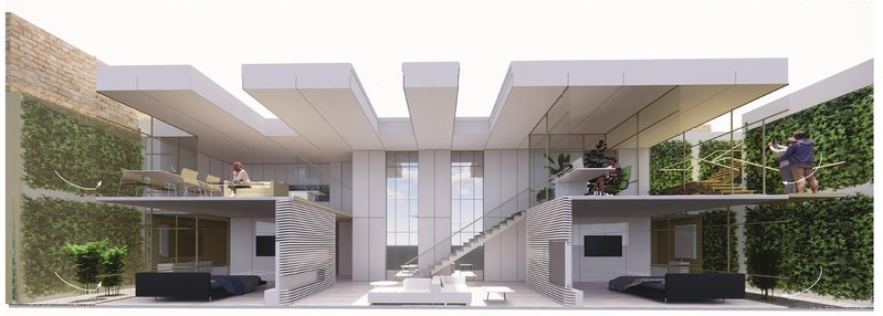 Two long, broad rooflights are located over the double-height living area, while a third is positioned over the lower-ground-floor dining area.