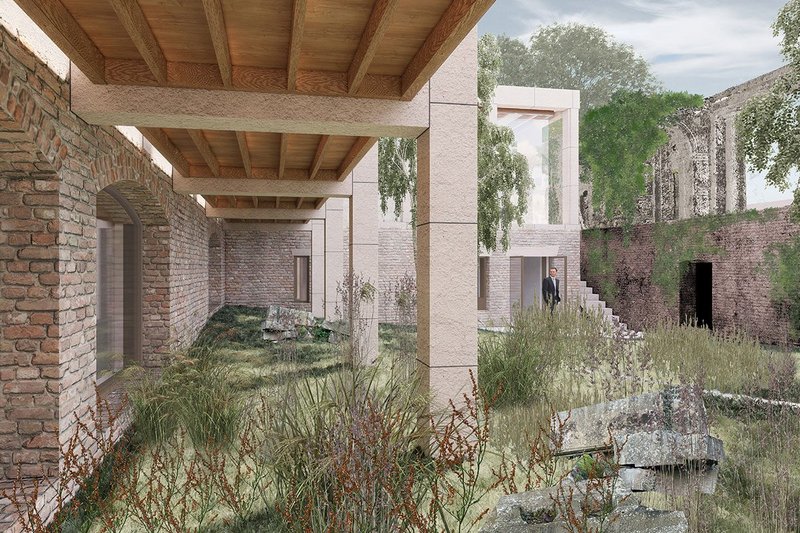 The stone ruins (on the right) are re-used as the fourth wing of the new house to create a sunken courtyard garden, which also preserves something of the existing ‘forgotten’ character of the site.