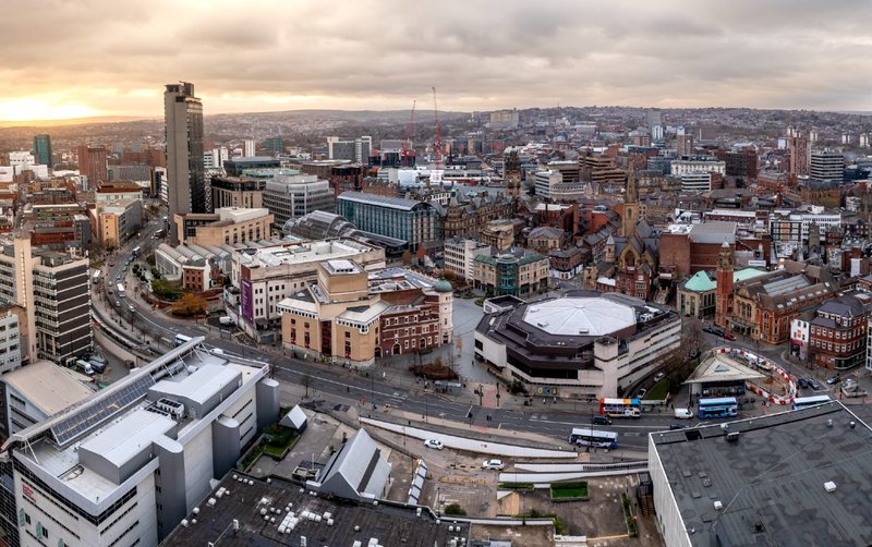 An aerial panorama of Sheffield city centre.