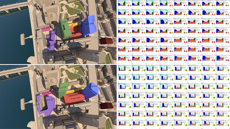 Comparison of the daylight & sunlight analysis for 8 Albert Embankment development proposals showing the rejected inquiry scheme (above) against Pilbrow & Partners’ winning bid proposals (below) minimizing daylight losses to neighbouring properties.