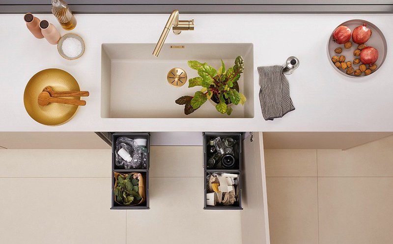 Everything in its place: Blanco Subline 800U Silgranite kitchen sink in Soft White.