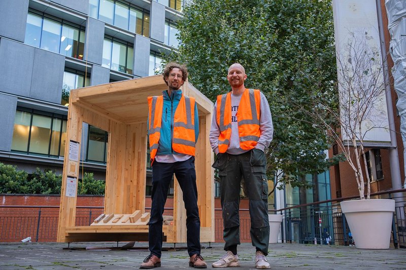Colin Rose and Jonas Breidenbach at the installation of the CascadeUp pavilion for LDF 2024.