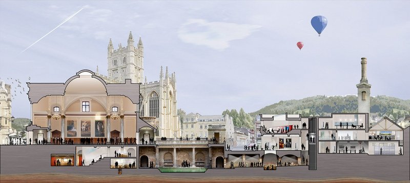 Section of the Archway Project. Learning and visitor centre is below the boilerhouse chimney (right); Roman Baths and Georgian Pump Room in front of the Abbey.