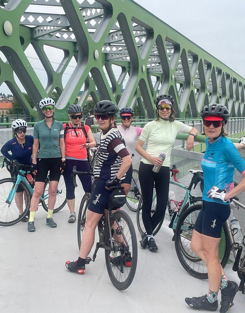 The cycling team on The Old Bridge.