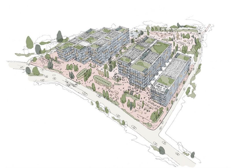 As well as diversifying building uses, business parks could create richer, more communal centres as Apt’s concept sketch shows